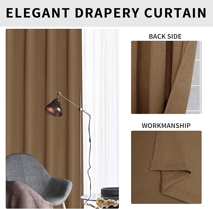 Easy-Going Linen Look Blackout Curtain Grommet Window Curtain Drapes for Bedroom, Living Room Thermal Insulated Room Darkening (2 Panels, 52x84 inch, Brown)