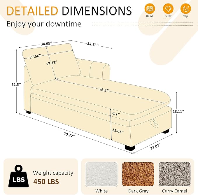 VANOMi Oversized 70.47'' Chaise Lounge Chair Indoor with Storage Space, Modern Upholstered Sofa Bed with Thick Cushion and Left Armrest, Boucle Leisure Recliner for Living Room, Bedroom, Office, Curry
