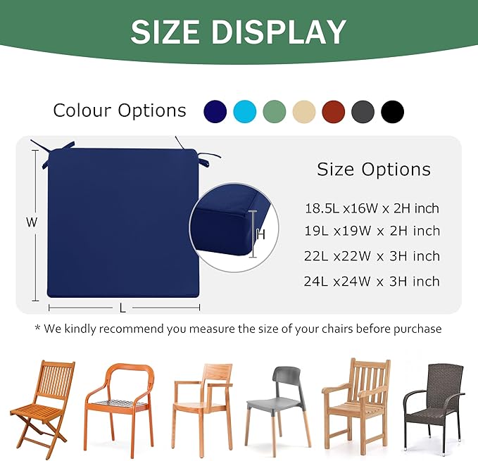 Outdoor Chair Cushions Set of 2: Waterproof & Fade Resistant Deep Seat Cushion for Patio Furniture - 24 x 24 x 3 Inch Chair Pads with Ties and Hidden Zipper - Patio Chair Cushion Replacement, Navy
