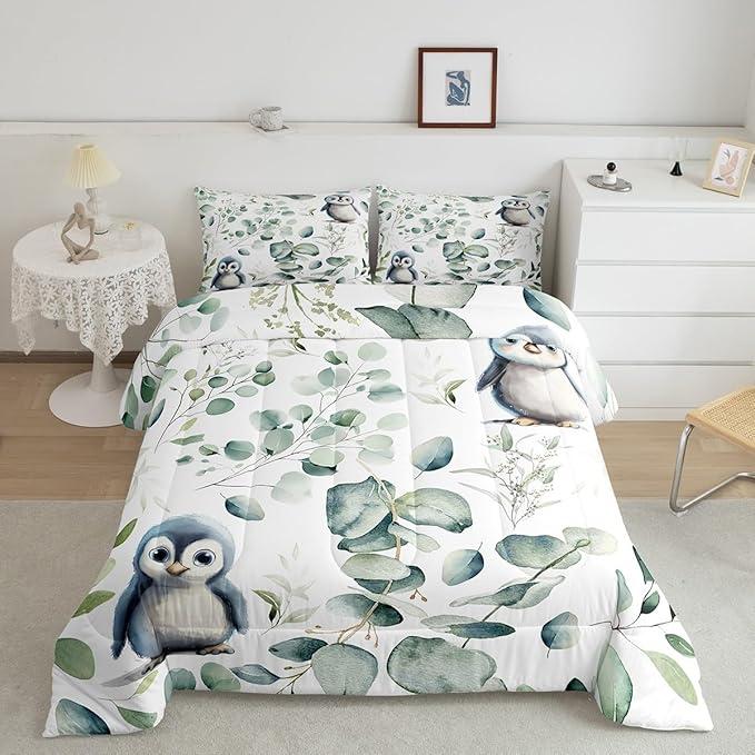 Erosebridal Cartoon Penguin Full Comforter Set Toddler Woodland Wildlife Bedding Set, Plant Bedding Comforter Sets Eucalyptus Leaf Duvet Set, Antarctic Animal Theme Quilted Comforter Kids Room Decor