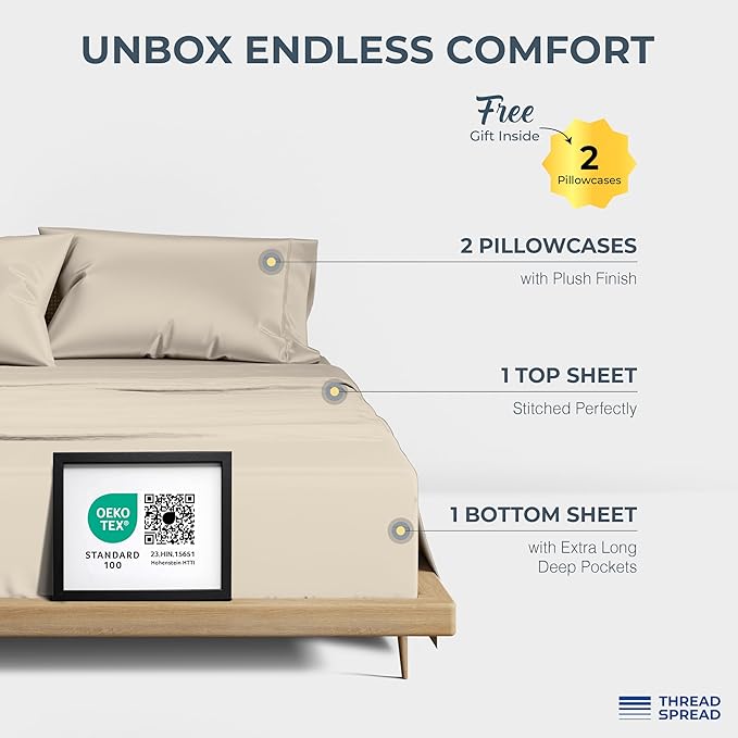 THREAD SPREAD 100% Egyptian Cotton King Size Sheets Set - Luxury 1500 Thread Count Egyptian Cotton Sheets King Size, 17" Deep Pocket, Soft, Cooling Sateen Weave Hotel Quality Bedding Set - Beige