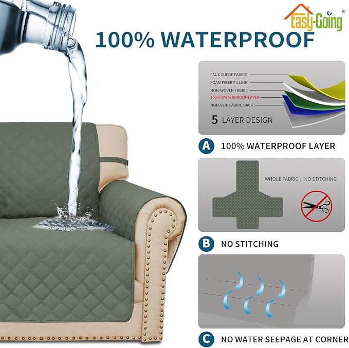 Easy-Going Sofa Slipcover Chair Cover Waterproof Couch Cover Washable Sofa Cover Non-Slip Fabric Furniture Protector with Pocket for Pets Covers Pets Kids Children Dog Cat (Chair, Greyish Green)