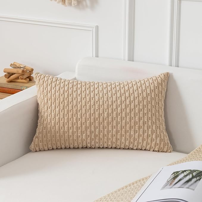 Kevin Textile 12x24 Inch Pillow Cover 1 Pack Boho Decorative Soft Striped Corduroy Lumbar Farmhouse Solid Color Accent Rectangle Cushion Case for Living Room Couch Sofa Bed, Beige
