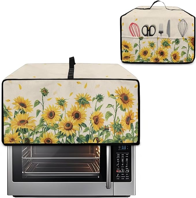Convection Oven Cover with Storage Pockets, Dust-Proof Small Appliance Protector for Countertop Microwave Toaster Oven, M, 16.5 x 20.5 x 10 Inches, Sunflower Petals