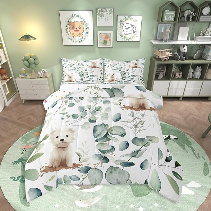 Erosebridal Cute Dog King Comforter Set for Kids Child Green Eucalyptus Bedding Set King, Pet Animal Bedding Comforter Sets Botanical Plant Leaves Duvet Set, Cartoon Pug Puppy Quilted Comforter