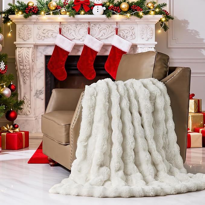 Lotus Karen King Size Faux Fur Blanket Cream White - Big Bubble Rabbit Fluff Throw for Bed Large Fluffy Fuzzy Cozy Thick Furry Plush Shaggy Blankets 108x90 Inches