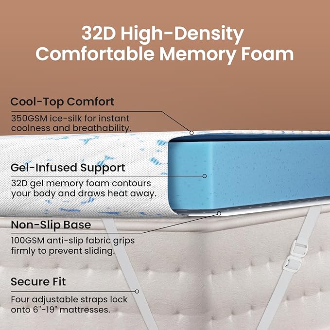 OhGeni 3 Inch Cooling Twin XL Gel Memory Foam Mattress Topper Pad,Washable Bed Cover with Anti-Slip Base,Zipper & Straps,Extra Comfort & Back Pain Relief, Medium Feel,College Dorm Room Essential