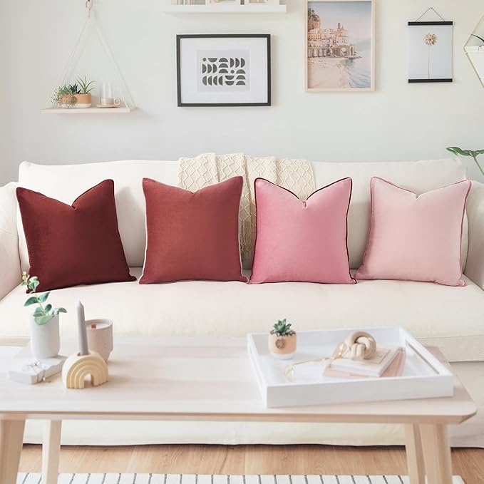 MONDAY MOOSE Decorative Throw Pillow Covers Cushion Cases, Set of 4 Soft Velvet Modern Double-Sided Designs, Mix and Match, Pillow Inserts Not Included (20x20 inch, Pink/Dark Pink)