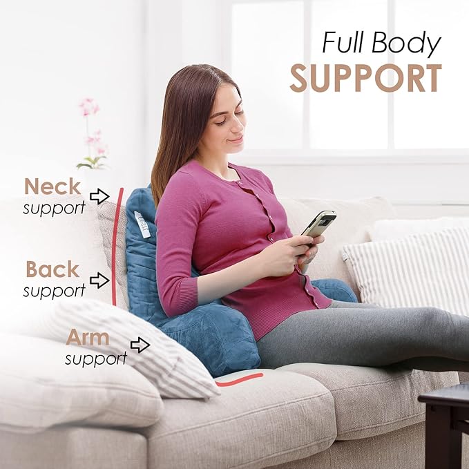 Nestl Reading Pillow with Shredded Memory Foam, Designed for Sitting Up in Bed and Couch, Back and Arms Adjustable Support for Adult & Teens Backrest Pillows for Reading, Washable Cover, Blue Heaven