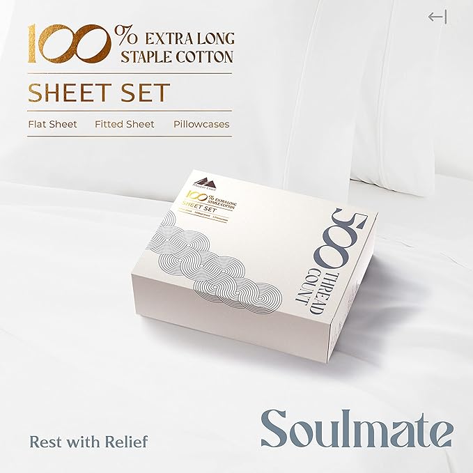 Mayfair Linen 100% Cotton Sheets Queen Size Bed Set - 500 Thread Count Sheets Queen Size 4 PC Set (White), Soft, Cooling, Hotel-Quality 16" Deep Pocket Cotton Bedsheet for Hot Sleepers