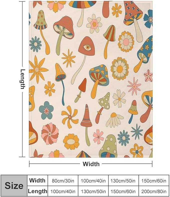 70s Mushroom Throw Blanket, Retro 60s Groovy Mushroom Boho Hippie Flowers Print Blanket for Kids Baby Bedroom Sofa Holiday Decor 50"x60"