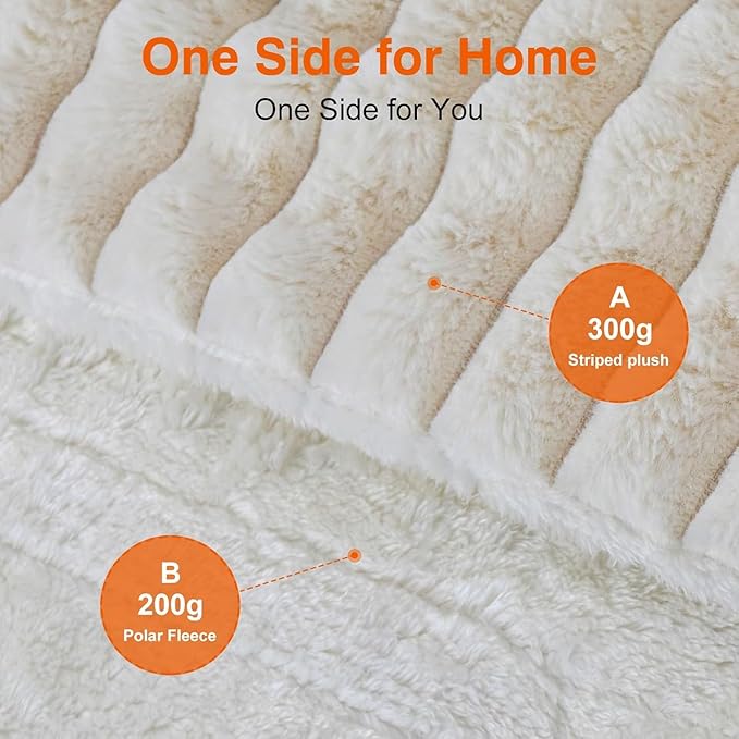 Heated Blanket 90"X100",Fast Heating Blanket with 6 Heat Levels 10 Hours Auto-Off Overheat Protection,Stripe Faux Rabbit Fur Soft Warm, ETL Certified,Cream