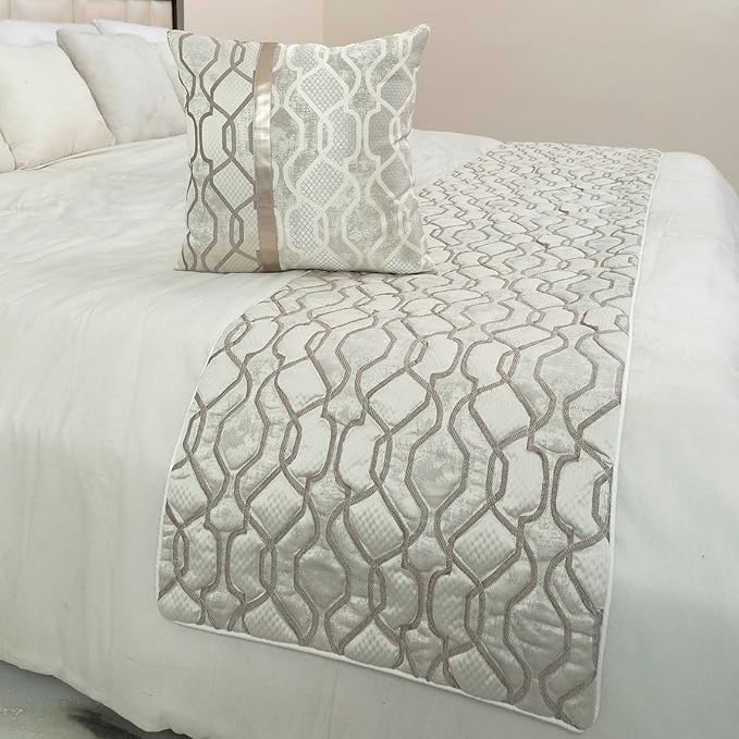 The HomeCentric King/Queen/Twin Ivory & Silver Decorative Twin 53"x18" Bed Runner with 2 Pillow Cover, Lattice & Quilted Bed Scarf on Jacquard Silk Fabric - Ivory Delicacy