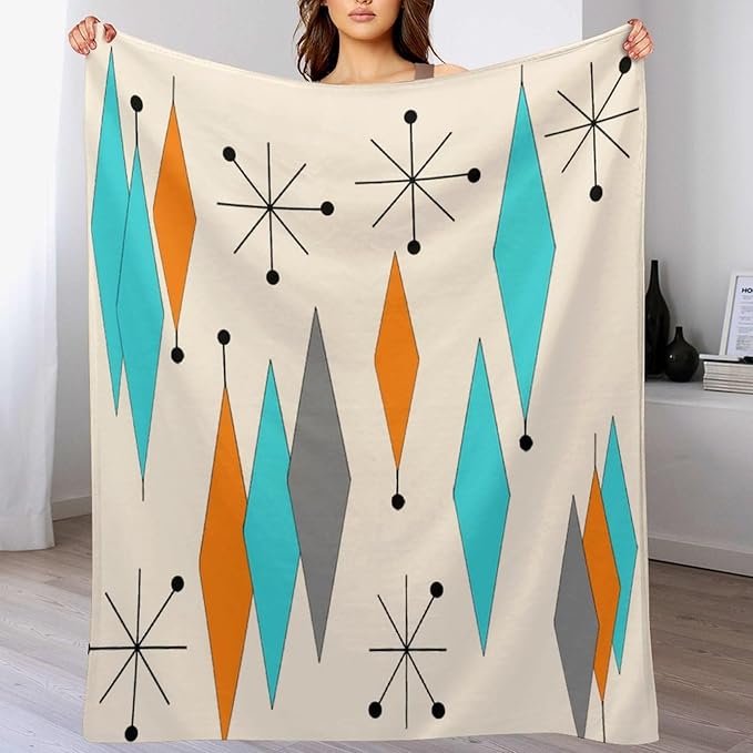 Mid Century Flannel Throw Blankets, Mid Century Modern Geometric Atomic Shapes Orange Retro Style Boho Print Blanket for Bed Couch Sofa Fuzzy Tv Throws 40"x50"