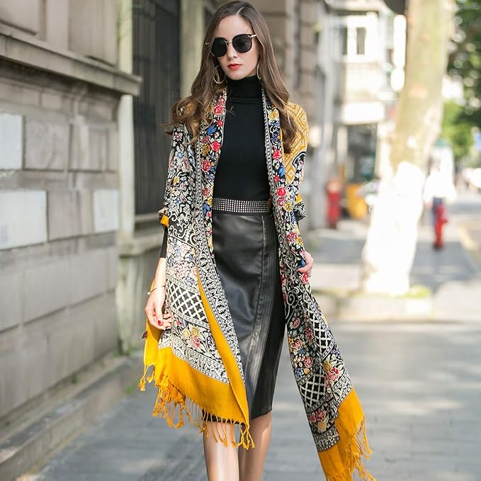 DANA XU 100% Merino Wool Extra Large Pashmina Blanket Travel Scarf Cashmere Wrap for Women Fall Winter Oversize Shawl Floral