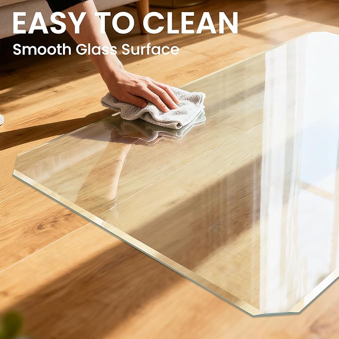 Tempered Glass Chair Mat with Patented Beveled Edge, 46”x55” 1/5" Thick Office Floor Mat for Carpet & Hardwood, w/ 12 Anti-Slip Pads
