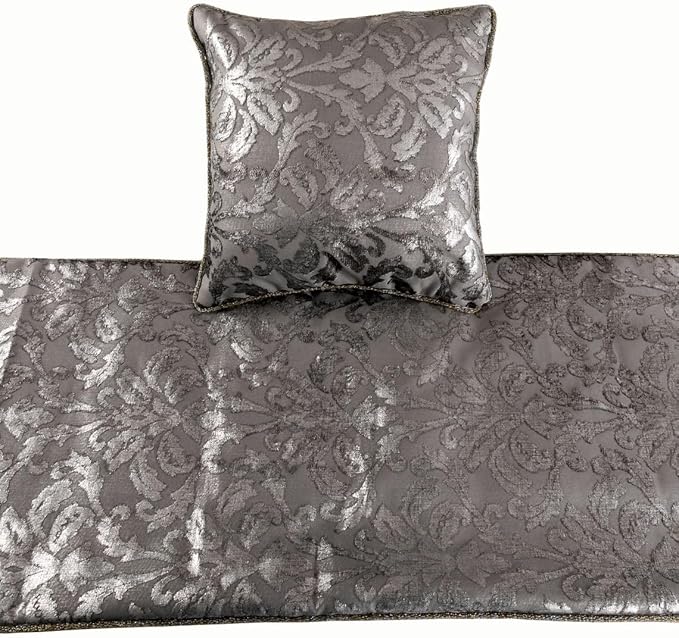 The HomeCentric Silver Bed Runner, Twin Size 53"x18" Decorative Bed Runner with Matching Pillow Cover, Silver & Grey Velvet Bed Scarf in Foil Velvet Bead Border - Silver Glitterati
