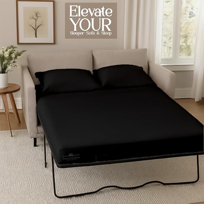 Sleeper Sofa 4 Piece Bed Sheet Set Premium Quality 100% Cotton 500 Thread Count, Smooth & Super Soft Sateen Weave, Extra Soft Bed Sheets, Wrinkle Free, 6 Inch Deep Pocket (Queen, Black)