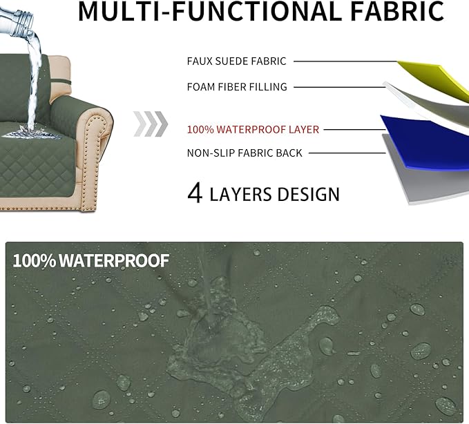 Easy-Going Waterproof Oversized Loveseat Covers Leakproof Couch Cover for 2 Cushion Couch Sofa Cover Washable Sofa Slipcover Non-Slip Furniture Protector with Pocket for Pet(Medium-XL, Greyish Green)