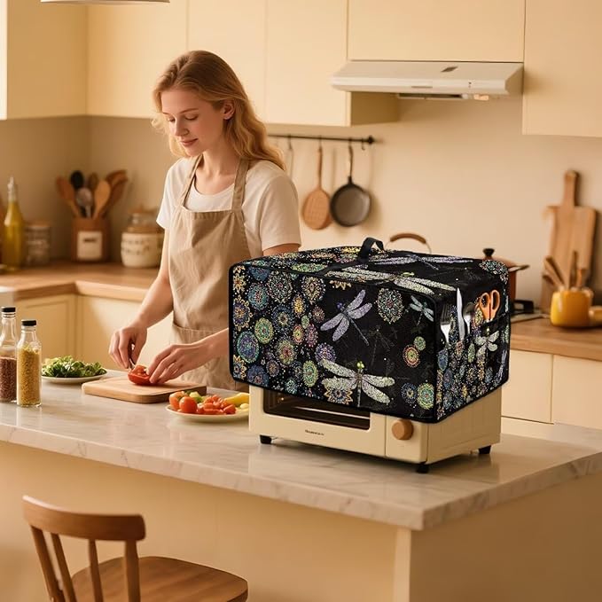Boho Mandala Dragonfly Print Toaster Oven Cover Dust-Proof Microwave Oven Cloth Cover with Storage Pockets Waterproof Kitchen Machine Covers Case Protections Protector, S