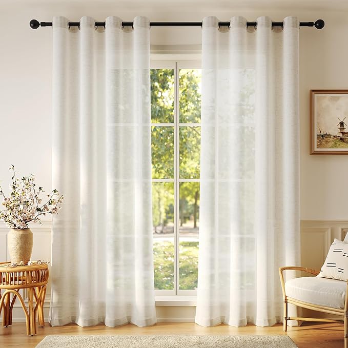 Anmao Flax Linen Curtains for Living Room 90 Inch Length 2 Panels Set, Light Filtering Sheer Window Curtain Drapes for Bedroom with Nickel Grommet, 52 Inch Wide Each Panel, Ivory Color