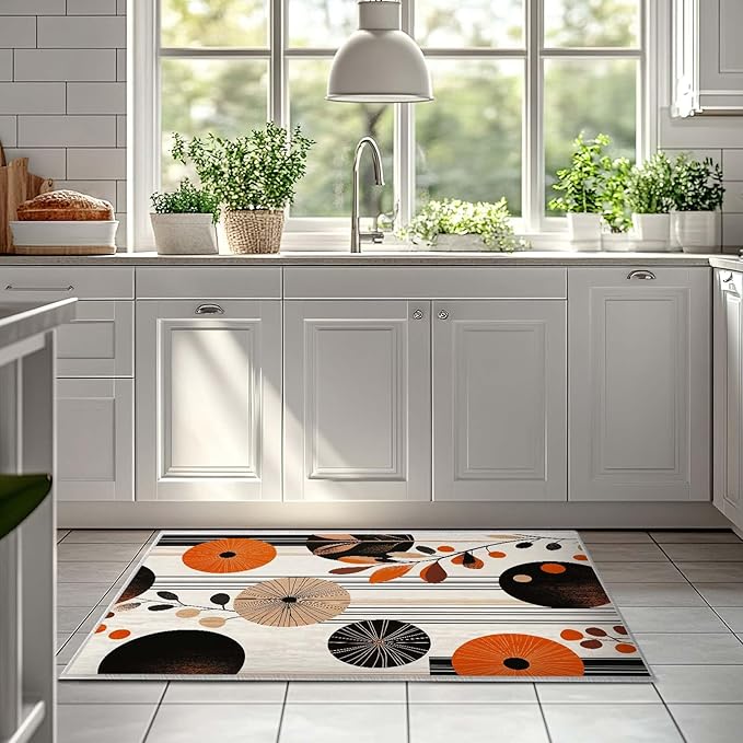 2x3 Entryway Area Rug Orange Black White Bathroom Rug Non Slip Machine Washable Low Pile Small Carpet Kitchen Bedroom Door Mat Entrance