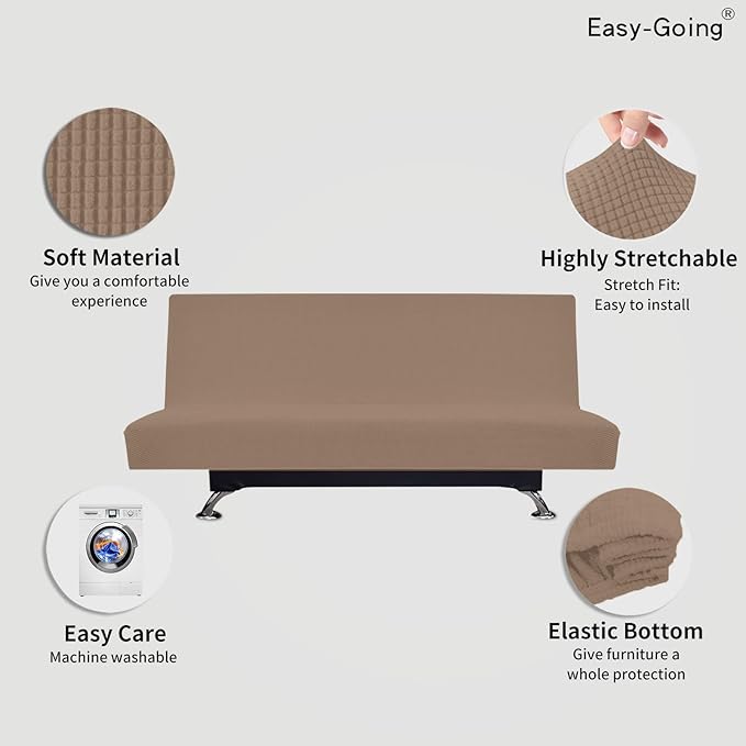 Easy-Going Stretch Futon Slipcover Armless Sofa Cover Furniture Protector Without Armrests Slipcover Soft with Elastic Bottom for Kids, Spandex Jacquard Fabric Small Checks(futon,Camel)