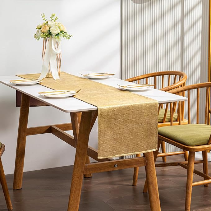 BALCONY & FALCON Gold Table Runner Lustrous Linen 14"x71" Water Resistant Washable Vintage Rustic Runner for Table, Dining, Party, Wedding, Birthday, Easter, Thanksgiving, Christmas Décor