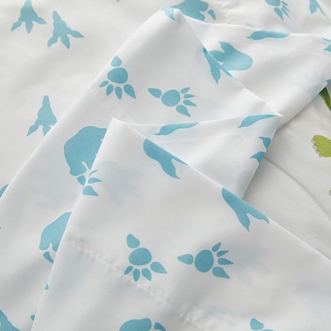 4 Pieces Toddler Bedding Set Dinosaur White with Colorful Dinos and Monsters Toddler Comforter Sheet Set for Autumu and Winter Includes Comforter, Flat Sheet, Fitted Sheet and Pillowcase