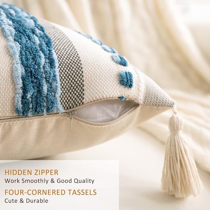 Boho Throw Pillow Covers 18x18 Set of 2 Woven Tufted Farmhouse Pillows Cover with Tassels Textured Striped Cushion Case Neutral Pillow Cases Decorative Pillowcase for Couch Bed,Sky Blue