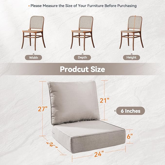 Luxury 6" Outdoor Cushions for Patio Furniture, 24x24x6" Thick Seat Cushion Set of 4, Fade Resistant Couch Chair Replacement Cushions High Density Deep Wicker Chair Cushion w/ Removable Cover, Beige