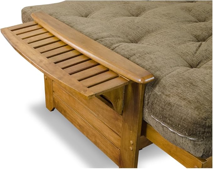 Nirvana Futons Brentwood Tray Arm Futon Sofabed Set - Queen Frame, 8" Burgundy Mattress, Rich Heritage Finish