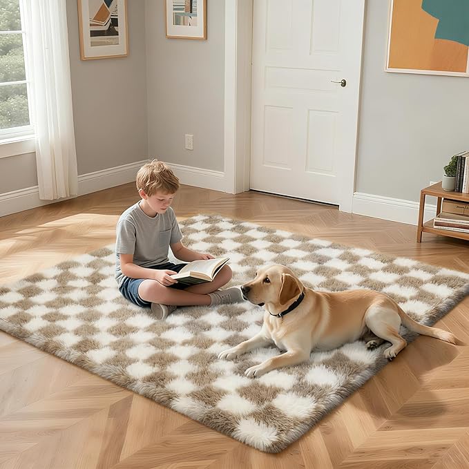 Checkered Rug for Bedroom, 2x6 Beige and White Area Rugs, Classic Checkered Carpets Shaggy Area Rug, Bedside Rugs for Living Room Bedroom Kids Room Home Decor