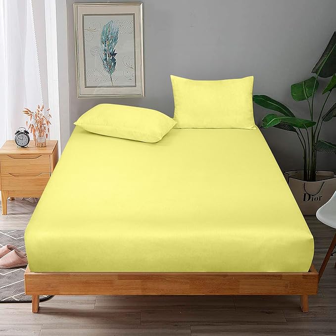 ROYALE LINENS 300 Thread Count 100% Long Staple Combed Cotton Fitted Sheet Queen - Super Soft Deep Pocket Bottom Sheet - Fitted Sheets Only - Elastic Sheets (Queen, Yellow)