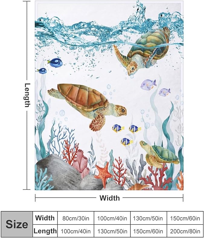 Sea Turtle Throw Blanket, Teal Blue Ocean Underwater Animal Starfish Fish Nautical Coastal Theme Fleece Flannel Blanket for Couch Sofa Bedroom Adults Kids, 50"x60"