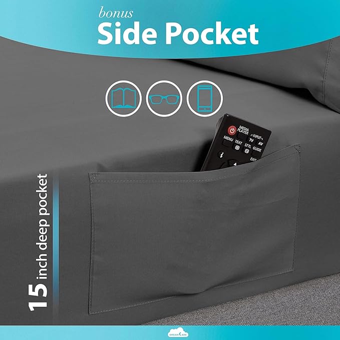 DREAMCARE King Size Sheets Set - Cooling Bed Sheets - 4pcs Set - up to 15" Deep Pocket King Sheet Set – Soft & Long Lasting Cooling - 100% Fine Brushed Polyester with Side Pocket - Dark Gray