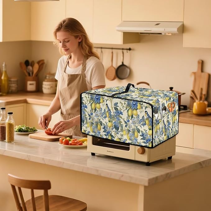 Lemon Floral Robin Bird Print Microwave Oven Dust Cover Heavy Duty Microwave Oven Grill Cover Dustproof Kitchen Machine Covers Case Protections for Toaster Oven, L