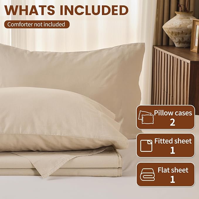 100% Linen Sheets Queen Size,Breathable & Durable 4-Piece Bed Flax Sheet Set,Soft All-Season Bedding for Hot Sleepers 16" Deep Pocket Oeko-TEX Certified,（Queen, Linen）
