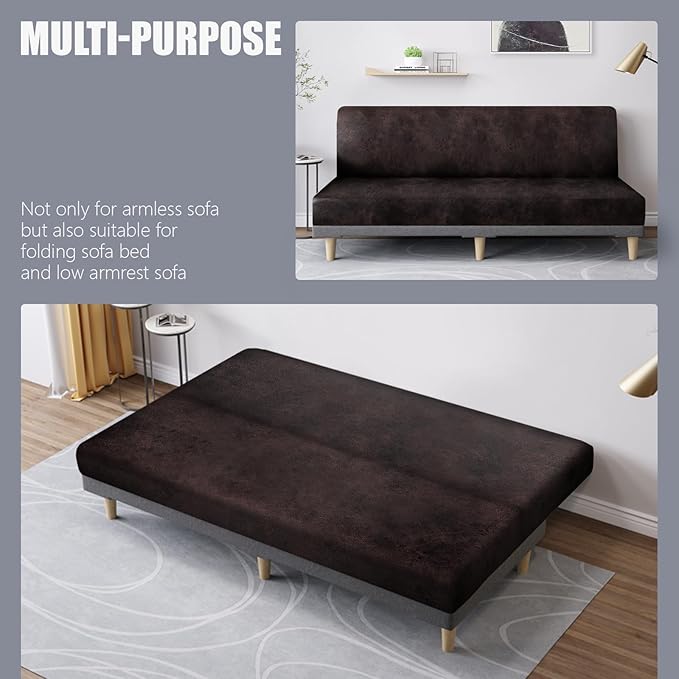 molasofa Leather Like Stretch Futon Slipcover Armless Futon Bed Sofa Cover Furniture Protector with Elastic Bottom, Soft and Washable Futon Cover for Sofa Bed Stay in Place（Larger，Chocolate）
