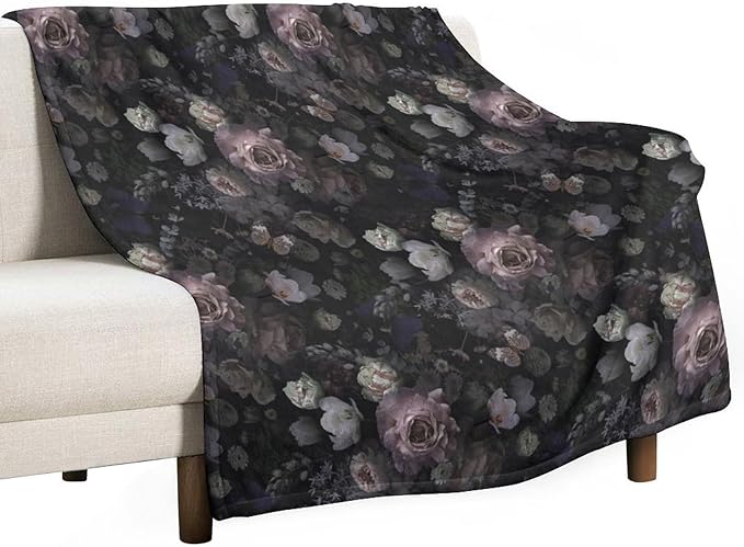 Vintage Gothic Floral Blanket, Black Pink Flower Rose Black Garden Roses Blooming Boho Throw Blankets for Home Bedding Couch Decor, 50"x60"
