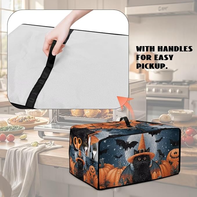 Bat Cat Pumpkin Moon Print Toaster Oven Cover Dust-Proof Microwave Oven Grill Cover Protector with Top Handle Reusable Reusable Kitchen Accessories for Halloween Decor, L