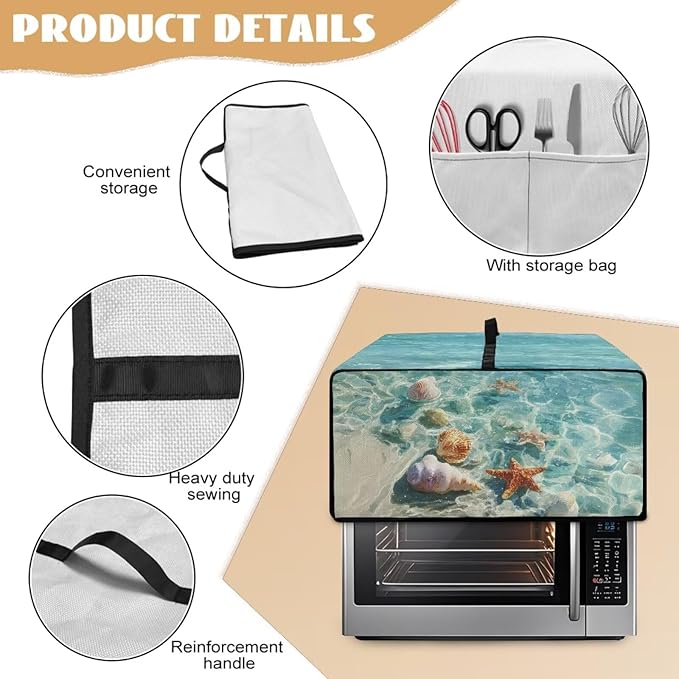 Toaster Oven Cover Washable Small Kitchen Appliance Dust Cover with Pockets, for Air Fryer Toaster Ovens, Microwaves, S, 14.5 x 18.5 x 9 Inches, Blue Beach Starfish Seashell Conch Whelk