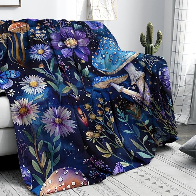 Cute Whimsical Mushroom Throw Blanket Aesthetic Dark Botanical Florals Throw,Witchy Gifts for Women,Gothic Gifts,Soft Cozy Warm Moth Witchy Plush Blanket Throw for Women Girls Mom 60"x80"