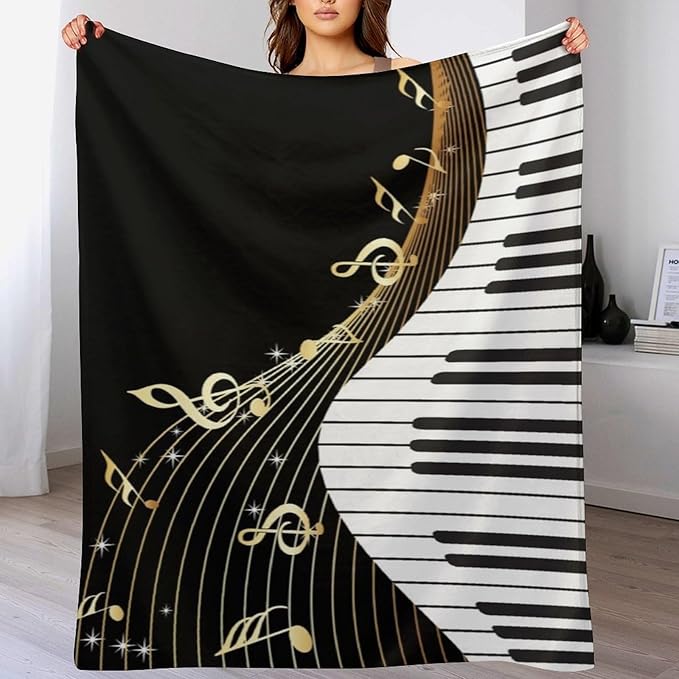 Music Note Blanket Black White Piano Keys Gold Music Note Soft Cozy Lightweight Throw Blanket for Kids Girls Boys Bedroom Living Room Dorm Chair Sofa Travel 70x80in