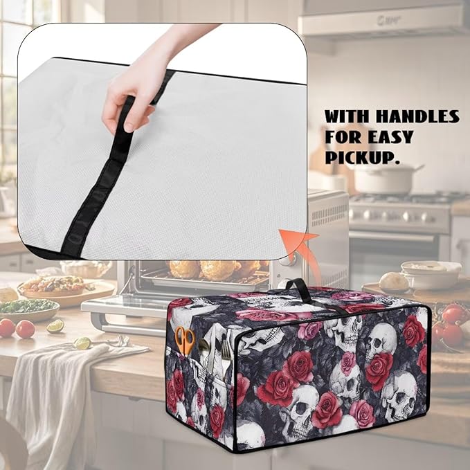 Skull Red Rose Print Microwave Oven Dust Cover Toaster Oven Cover with Top Handle Dust-Proof Kitchen Appliance Protector Dirt and Fingerprint Protection, M