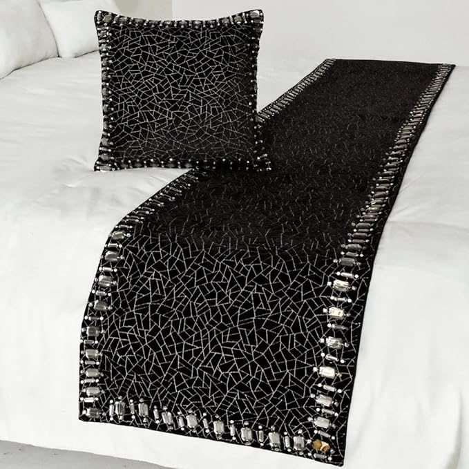 The HomeCentric King/Queen/Twin Black Decorative CA King 86"x18" Bed Runner Without Pillow Cover, Mosaic & Crystal Bed Scarf on Velvet Fabric - Mosaic Noir