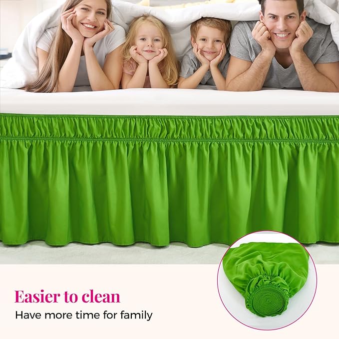 RIMELA Green Bed Skirt Queen Size 18 Inch Drop, Elastic Bed Skirting for Bed Base and Frame, Bedding Dust Ruffle Easy to Install, Lightweight Wrap Around Adjustable Bedskirt