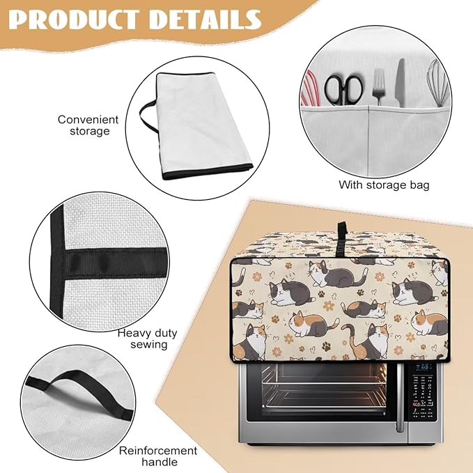 Cute Cats Paw Floral Print Microwave Oven Cover Waterproof Dust-Proof Microwave Oven Cloth Cover Polyester-Linen Fabric Small Appliance Dust Cover Case Protections Protector, L