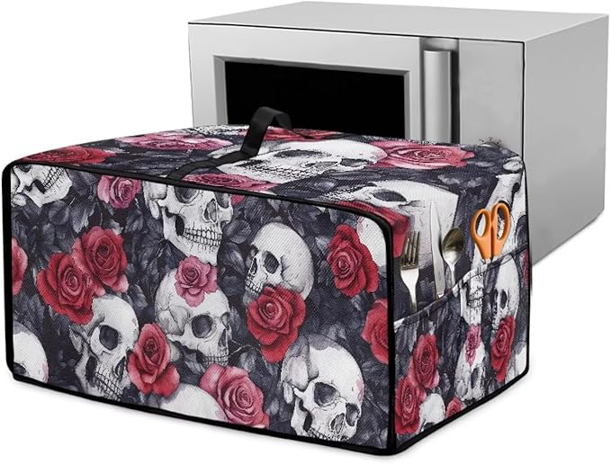 Skull Red Rose Print Microwave Oven Dust Cover Toaster Oven Cover with Top Handle Dust-Proof Kitchen Appliance Protector Dirt and Fingerprint Protection, M