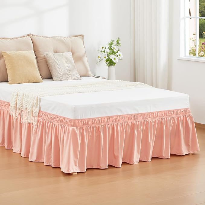 RIMELA Peachy Coral Bed Skirt Queen Size 15 Inch Drop, Elastic Bed Skirting for Bed Base and Frame, Bedding Dust Ruffle Easy to Install, Wrap Around Adjustable Bedskirt